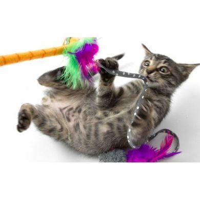 Hartz Just For Cats Twirl and Whirl Cat Toy -Вудка з пір'ям і м'якою іграшкою (бджола, мишка) з котячої м'ятою